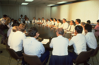 National Wages Council Meeting at the Economic Development NTUC Marching Contingent, National Day. Board, World Trade Centre, 1984.