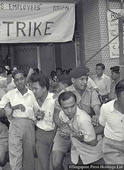 A Singapore Association of Trade Unions-led strike outside the Robinson’s Department Store in Raffles Place, 1961.
