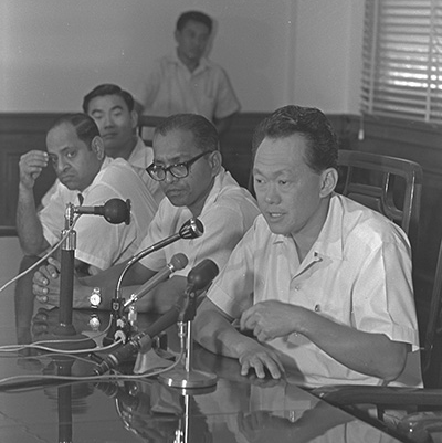 Prime Minister Lee Kuan Yew and NTUC Secretary-General CV Devan Nair at a PAP Press Conference, 1965.