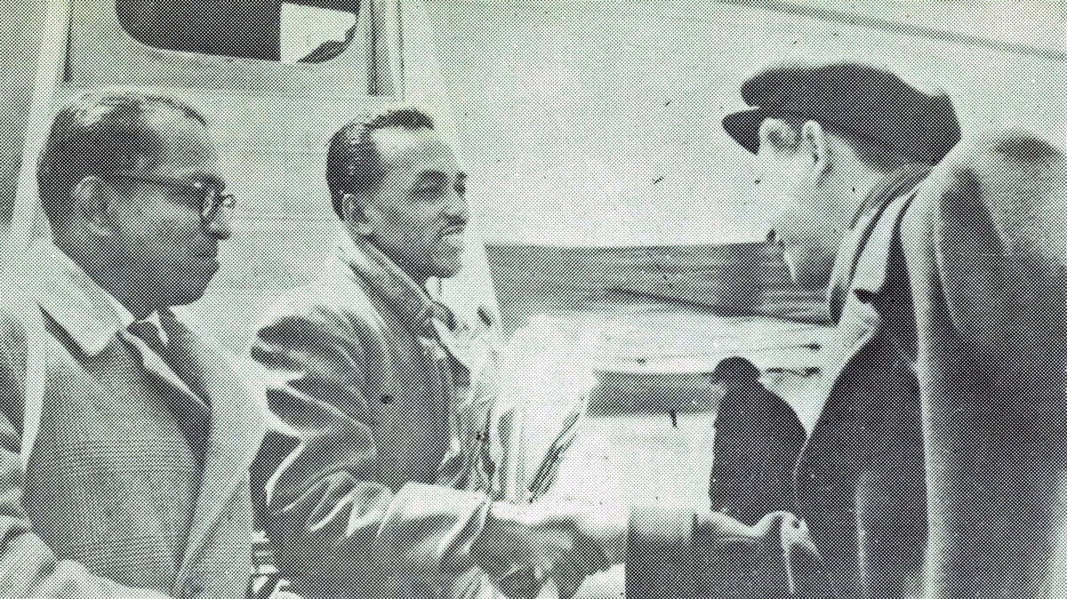 Mahmud Awang and Devan Nair being received in Harbin Airport by the Vice-President of the All China Federation of Trades Union in May 1960.